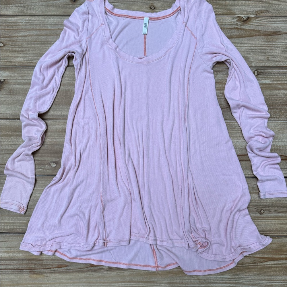 Free People Long Sleeve Ribbed Scoop Neck Tunic Top - Pale Pink